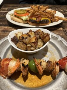 Shrimp Shiskabobs & Bacon Cheeseburger