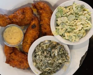 Chicken Tenders with Creamy Collards & Brussels Slaw