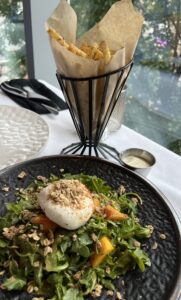 Peach Burrata Salad with side of Truffle Fries